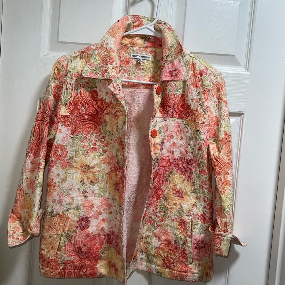 Rebecca‎ Malone Floral Paisley Jacket Orange Pink Green M Button Front Women's